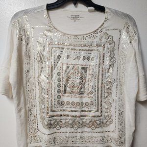 Chico's Cream Tshirt Embellished with Gold Peach Beads Size 0